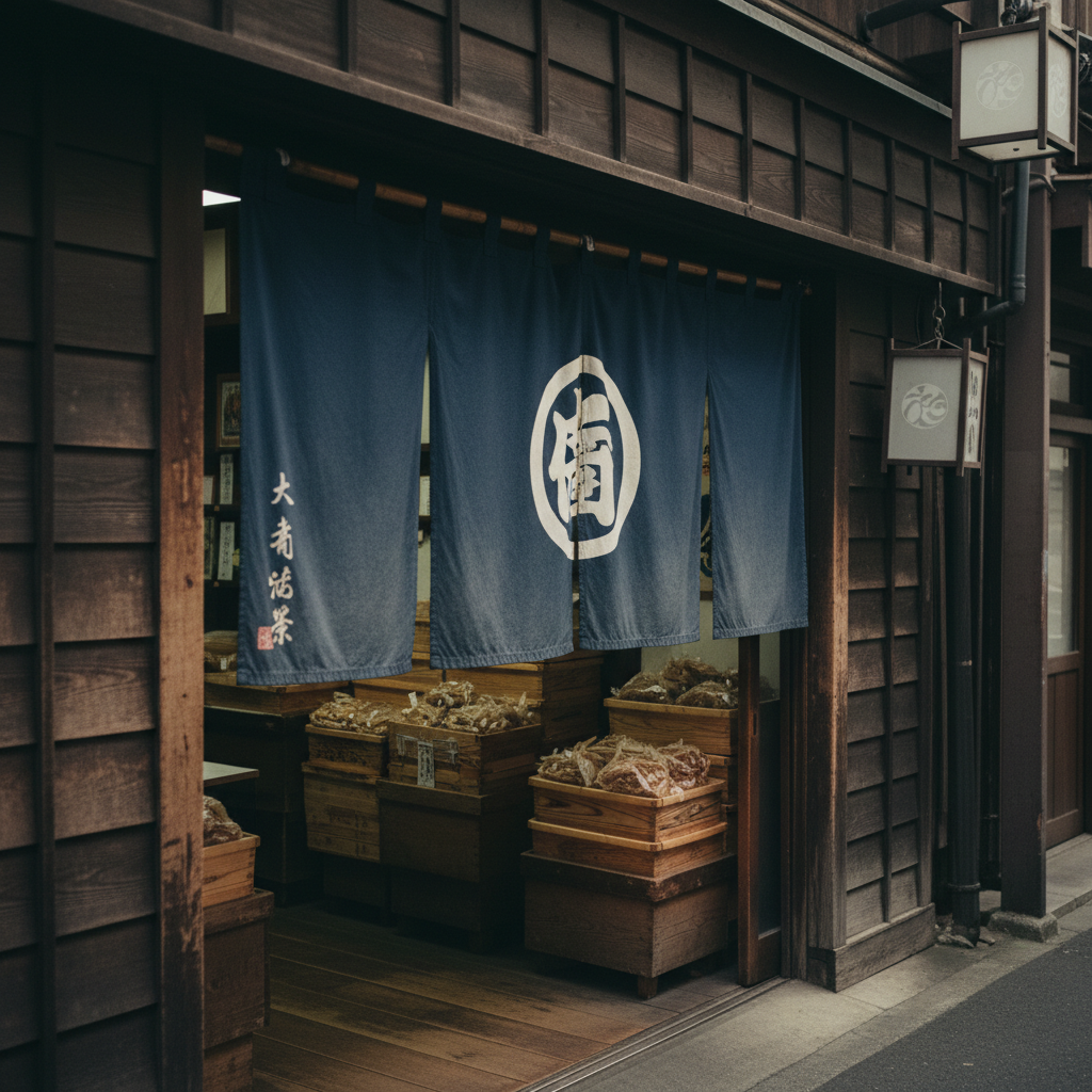 藍染めの暖簾がかかる築地場外の店先